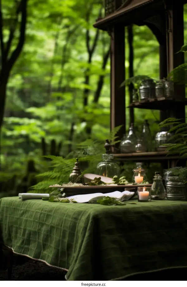 An illustration of a table set up in the forest with a green tablecloth, candles, and a book