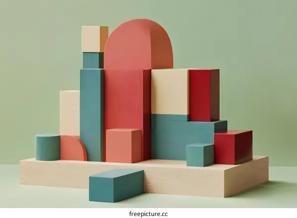 Abstract Geometric Shapes, Wooden Blocks, 3D Render, Colorful, Minimalist, Background,  Modern Art