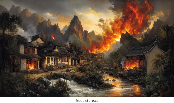 A Chinese Village Amidst a Fiery Sunset
