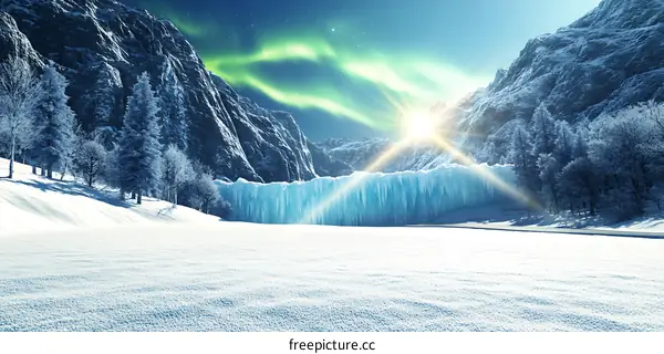 Winter Landscape with Frozen Waterfall and Aurora Borealis