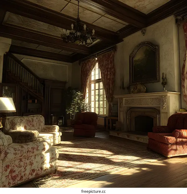 Living Room Interior Design with Fireplace and Chandelier