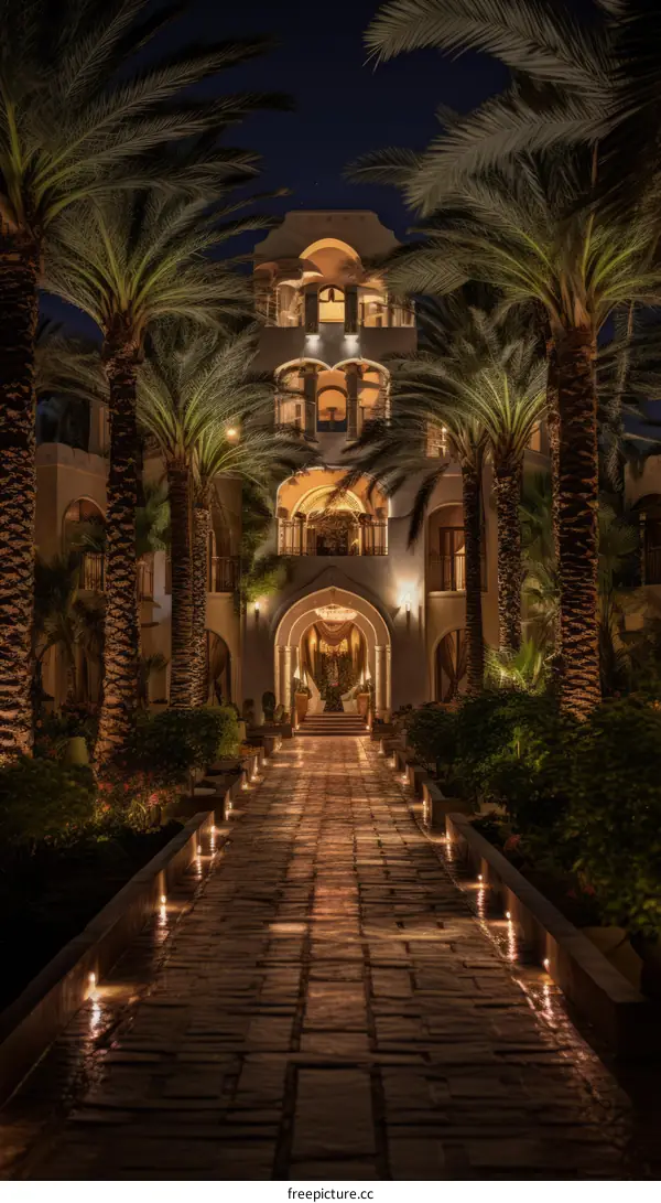 Palm trees line a stone path leading to a luxury hotel entrance