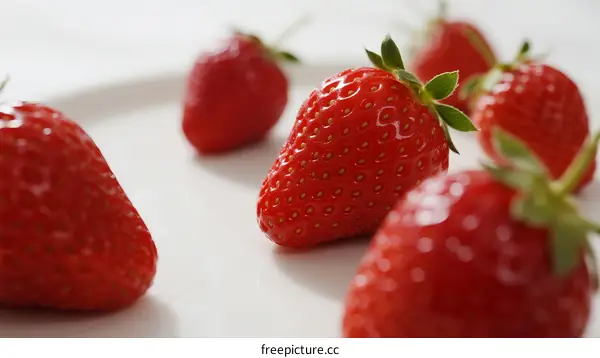 Fresh Red Ripe Strawberries with Green Leaves on White Plate