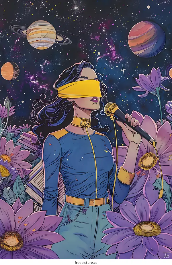 Cosmic Serenade: Woman Singing Amidst the Stars