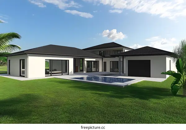 Modern House Design with Swimming Pool and Palm Trees