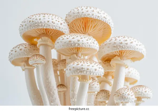 A cluster of white mushrooms with brown spots on their caps