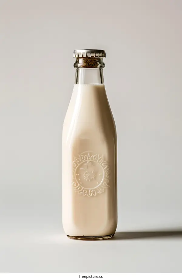 Glass milk bottle with off-white liquid