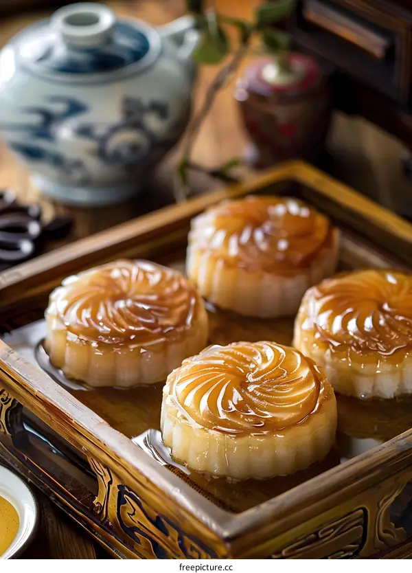 Closeup of Delicious Chinese Moon Cakes on a Tray