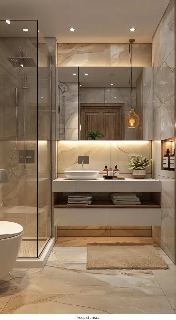 Bathroom interior with beige marble tiles, glass shower enclosure, and modern sink vanity