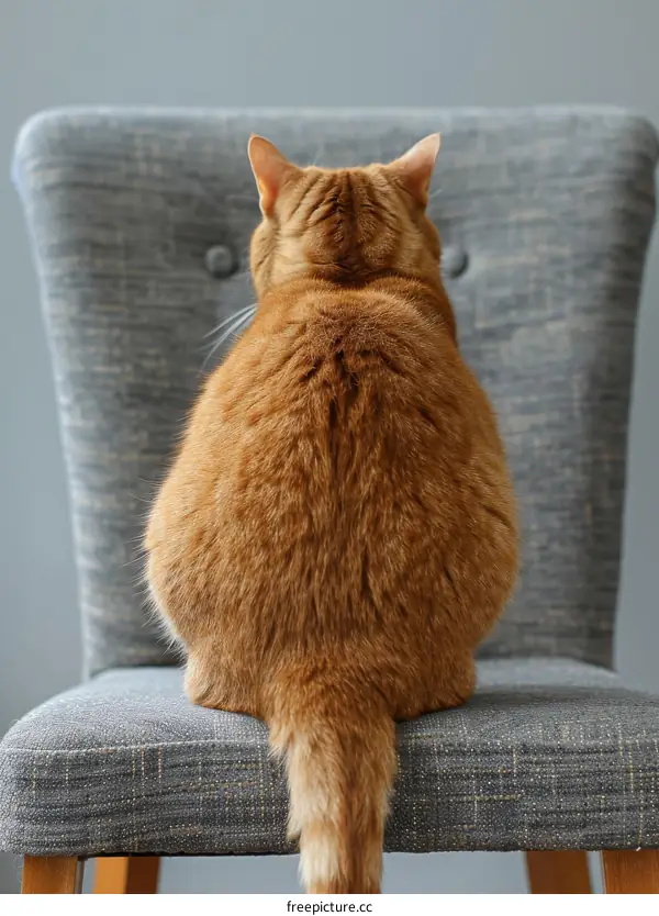 A ginger cat is sitting on a chair with its back to the camera