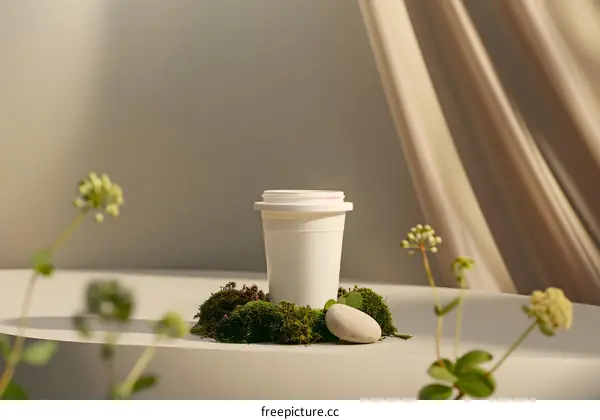 White Cup on a Mossy Surface with Stone and Flowers