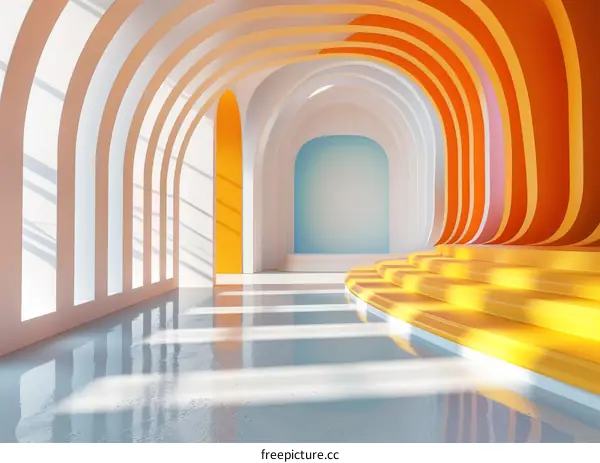 Modern interior with colorful arches and sunlight