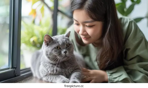 A young woman is sitting on the floor with a gray cat.