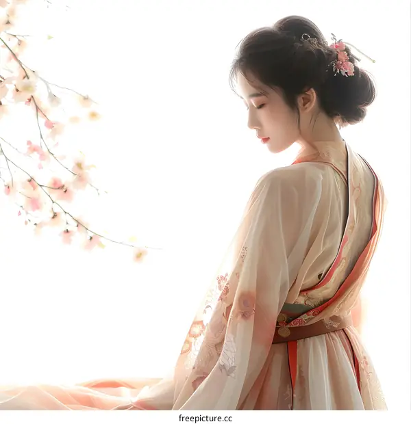 Woman in Traditional Chinese Clothing Posing by Flowers