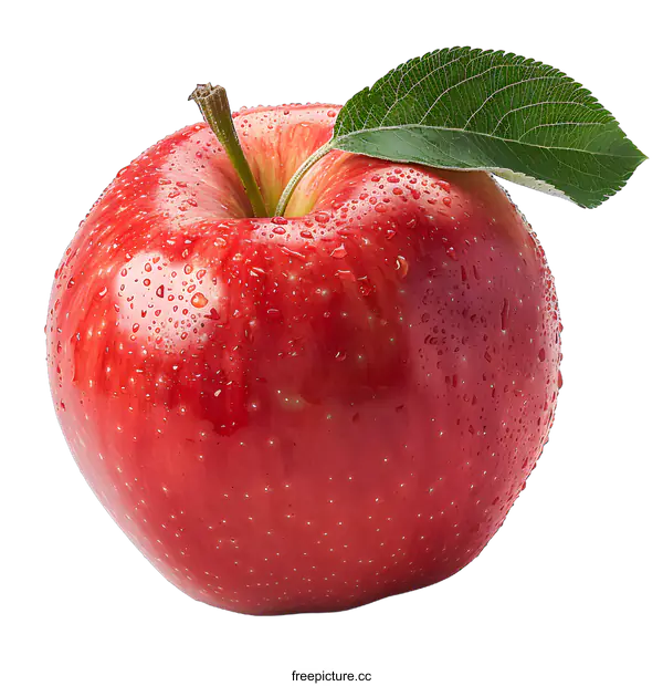 [Transparent Background PNG]Red Apple with Water Droplets and Leaf