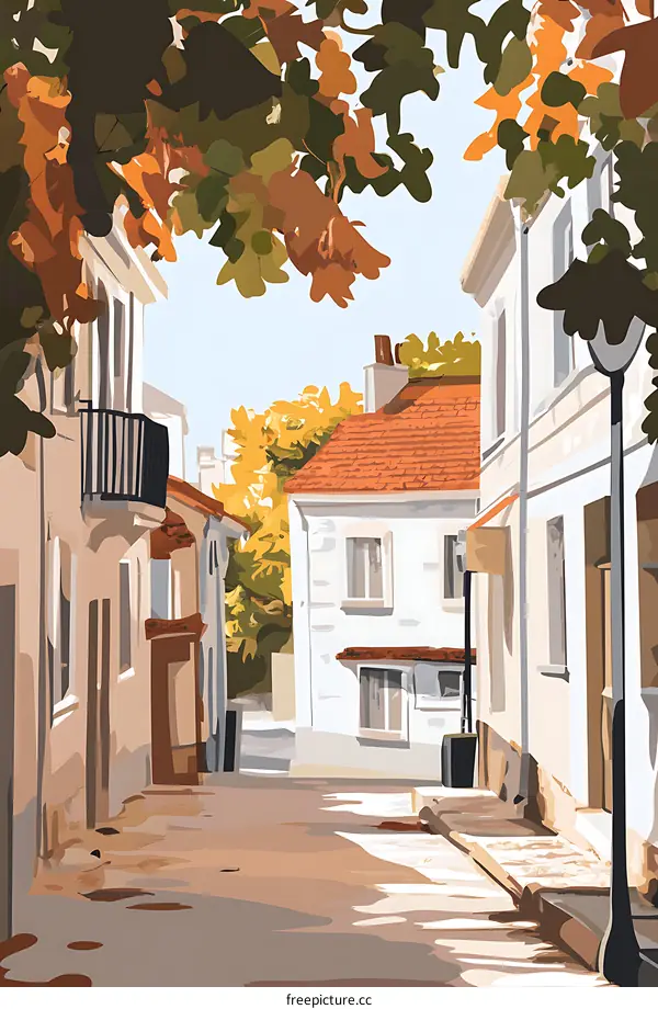 Autumn Street Scene with Building and Trees