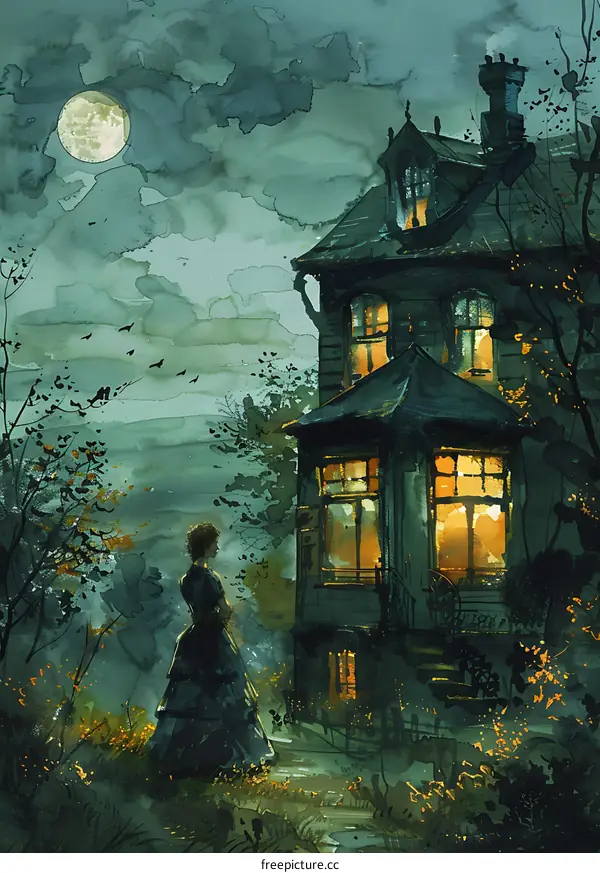 Woman Standing in Front of a House Under the Moonlight