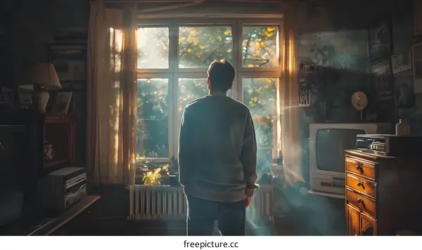 Man Looking Out Window in Dusty Room