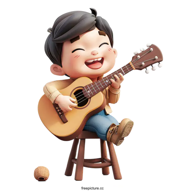 Cartoon Boy Playing Guitar with Joy