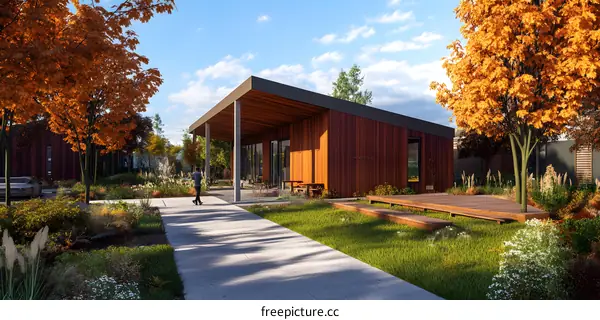 Modern Wooden House Design With Fall Foliage