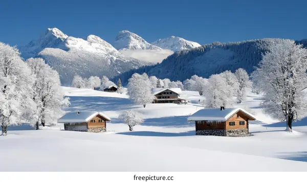 Snowy Mountain Village Winter Scene
