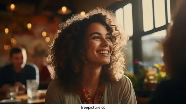 A young woman with curly hair is smiling.