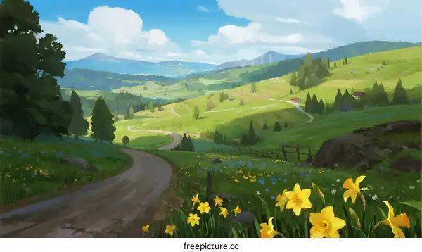 Scenic rural path lined with vibrant yellow daffodils under clear sky