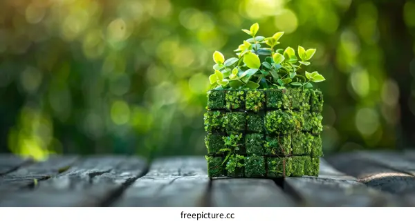 Green Moss Cube with Tiny Plants Sprouting