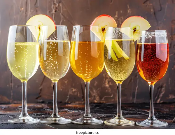 Five Glasses of Sparkling Apple Cider With Apple Slices