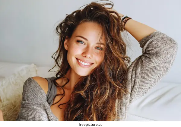 Smiling Woman with Long Curly Hair