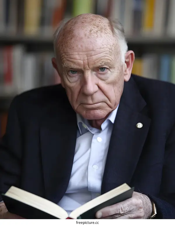 Portrait of an Elderly Man Reading a Book in a Library