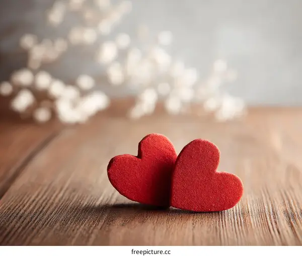Two Red Hearts on Wooden Background