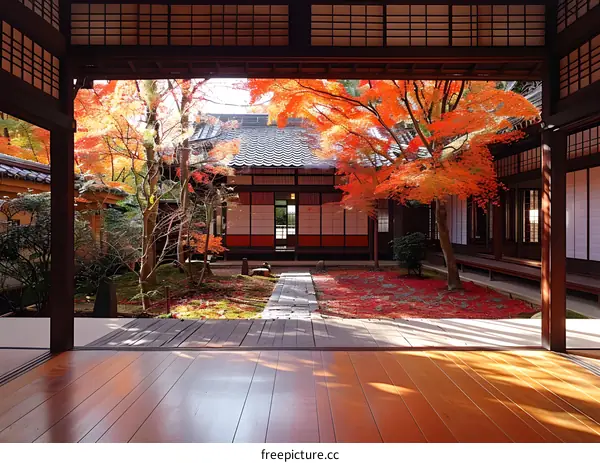 Japanese courtyard with red maple leaves in autumn