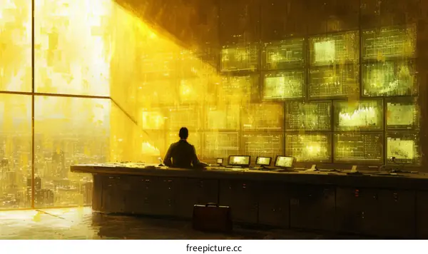 Man looking at city from control room