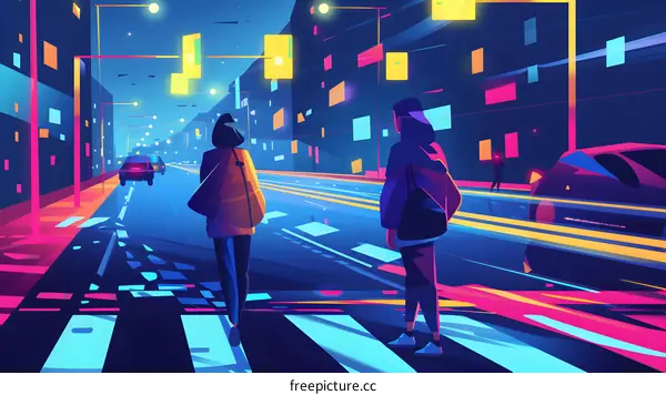 Nighttime City Street With Neon Lights and Two People Crossing
