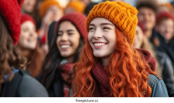 Close-up portrait of a young woman with red curly hair wearing an orange beanie smiling happily with friends in the background