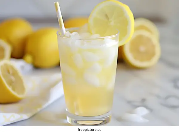 Glass of Lemonade with Ice and Lemon Slice