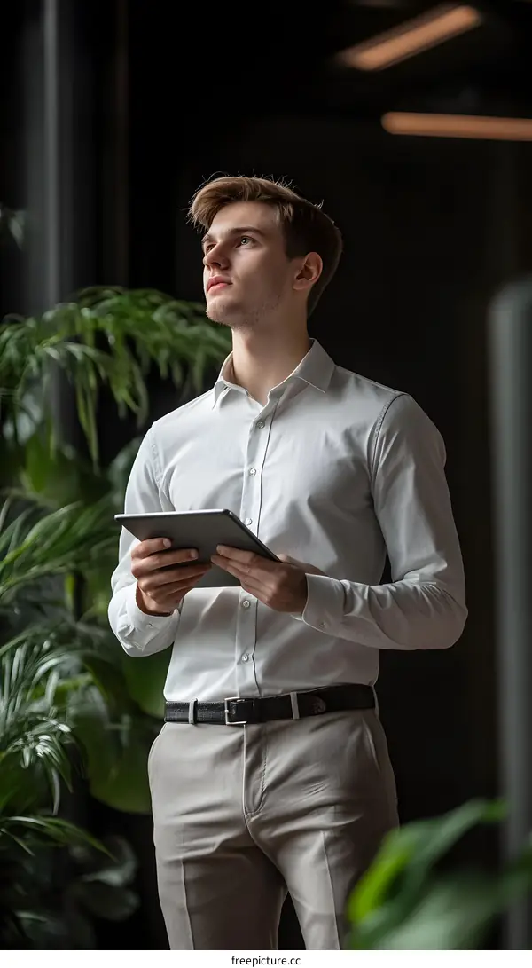 Businessman in a White Shirt Looking Up Holding a Tablet