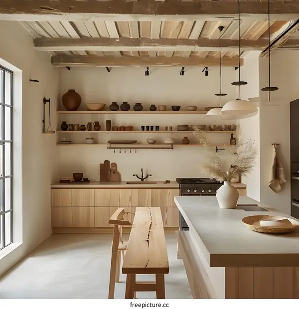 Minimalist Kitchen with Wooden Beams and Rustic Decor