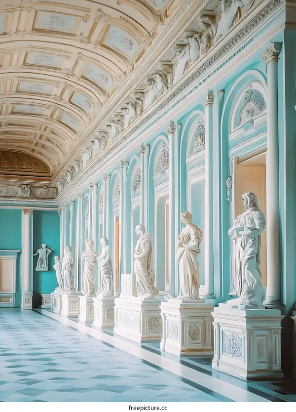 Blue and White Hallway With Statues
