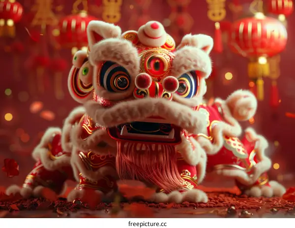 A Chinese Lion with Red and Gold Fur and Large Eyes for Celebration