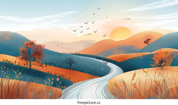 Autumn Landscape with Winding River and Sun