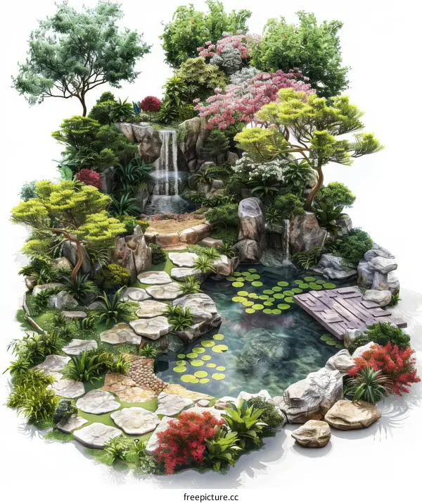 Relaxing Japanese Garden with a Waterfall and a Pond
