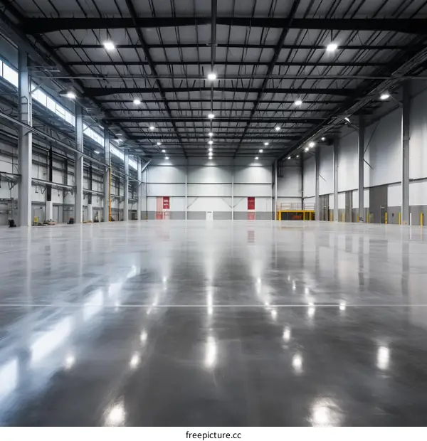An empty warehouse with a shiny concrete floor