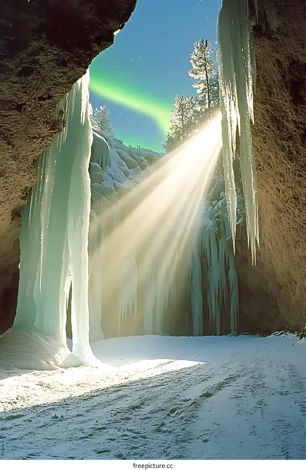 Sunlight Through Ice Cave and Northern Lights