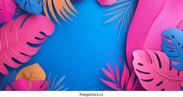 Colorful Paper Tropical Leaves Blue Background