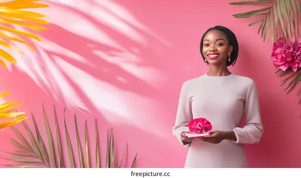 African Woman Holding a Pink Flower on a Pink Background
