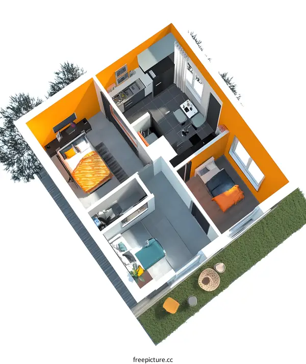 Top View 3D Illustration of a Small Apartment Floor Plan