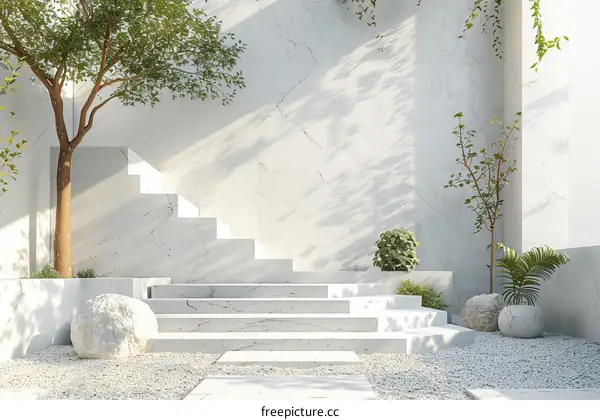 Empty White Marble Staircase in a Garden