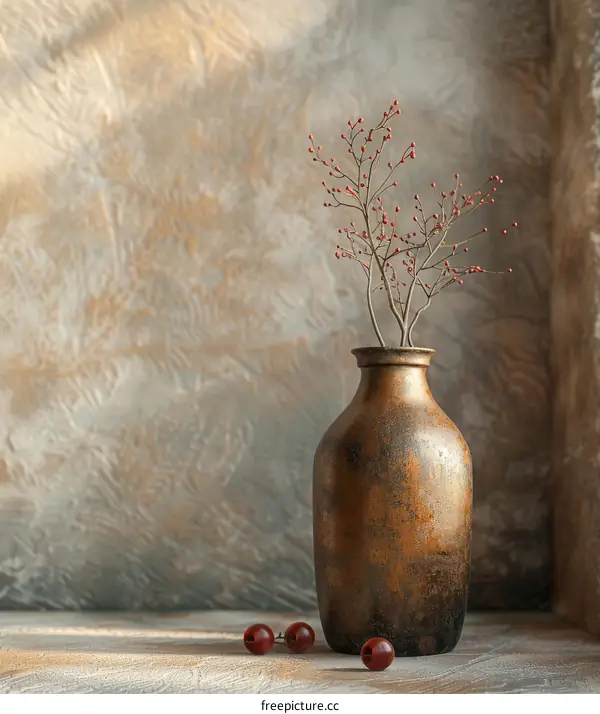 Vintage Copper Vase with Dried Branches and Berries Still Life